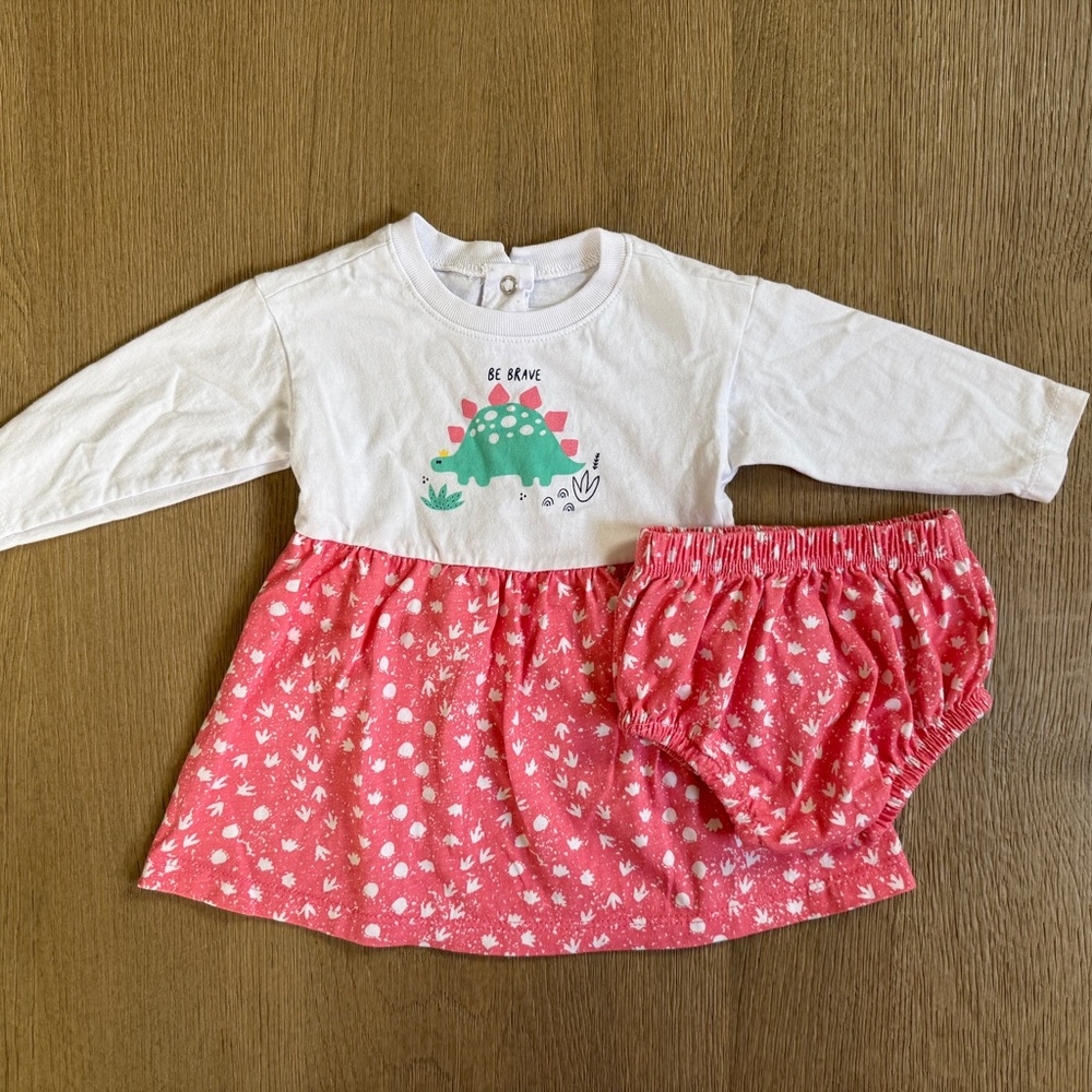 Baby Girl “Be Brave” Dinosaur Dress with Bloomers Set 6-9 Months